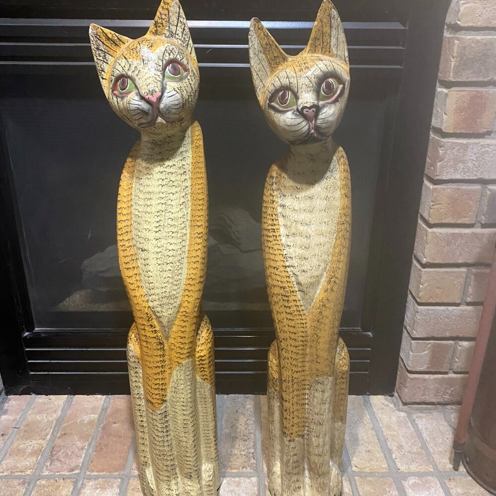 Vintage Hand Carved Wooden Cat Sculptures Pair Tall 32" Folk Art Indonesia MCM